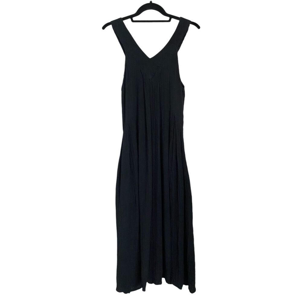 Mille Resort & Travel Sleeveless V-Neck Midi Dress Black Cotton Gauze